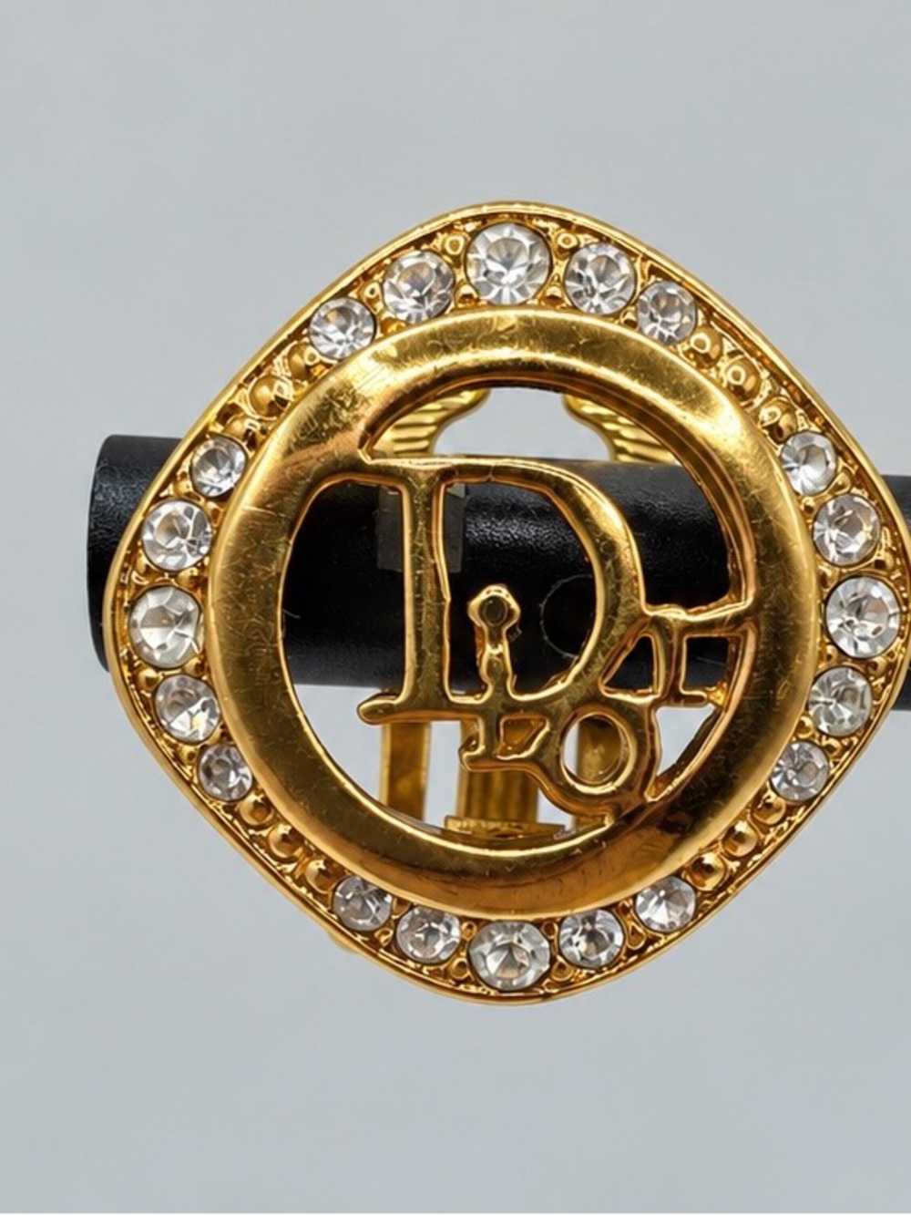 Christian Dior Earrings Vtg CD Logo Gold Plated Clip 1980s Rhinestone Germany - Picture 3 of 9